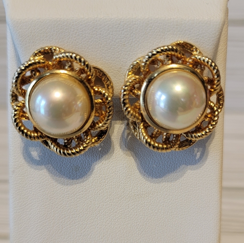 Vintage Carolee Gold Tone Twisted Rope Faux Pearl Statement Pierced Earrings